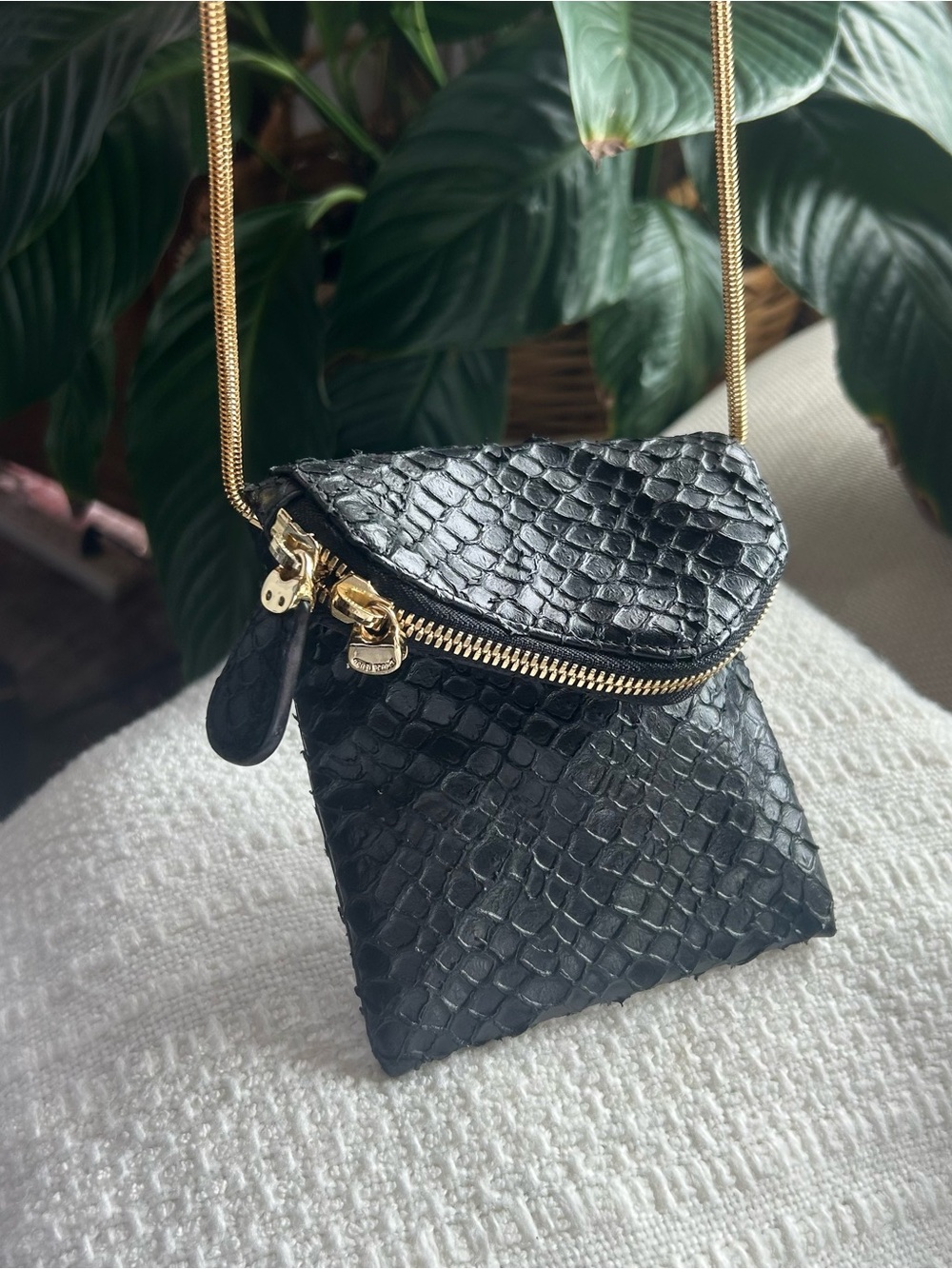 Henri Bendel Black Leather With Snakeskin Texture Mini Crossbody with Gold Chain